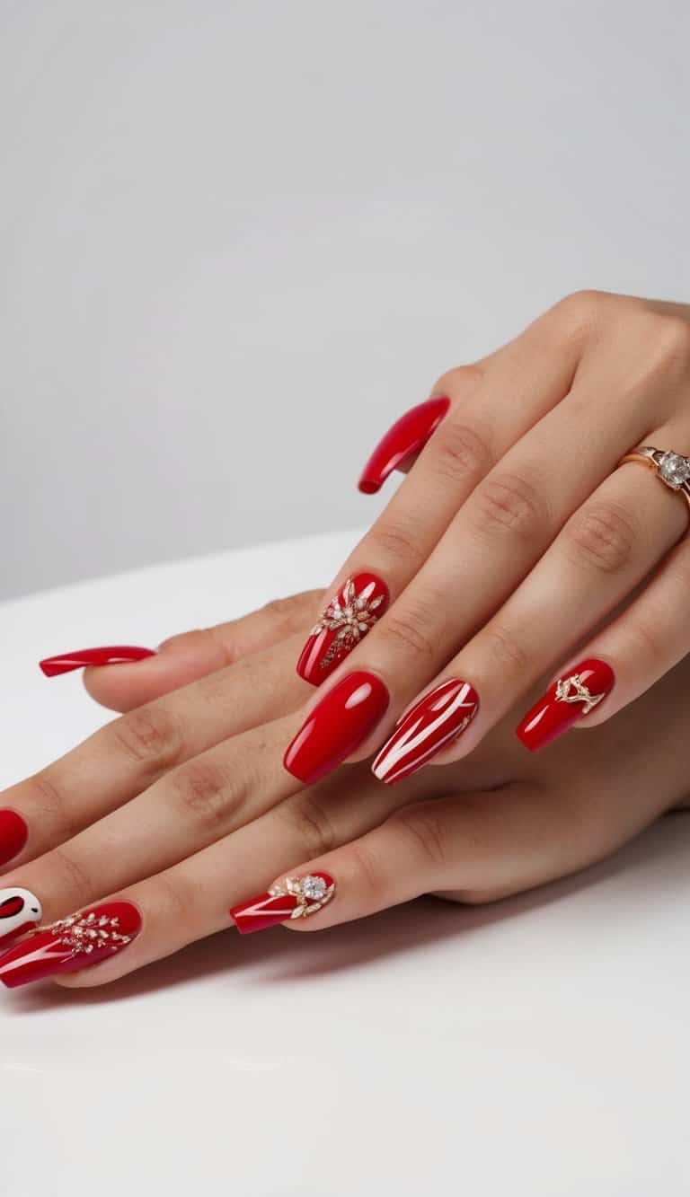 A glamorous red acrylic nail art display with 50 striking designs