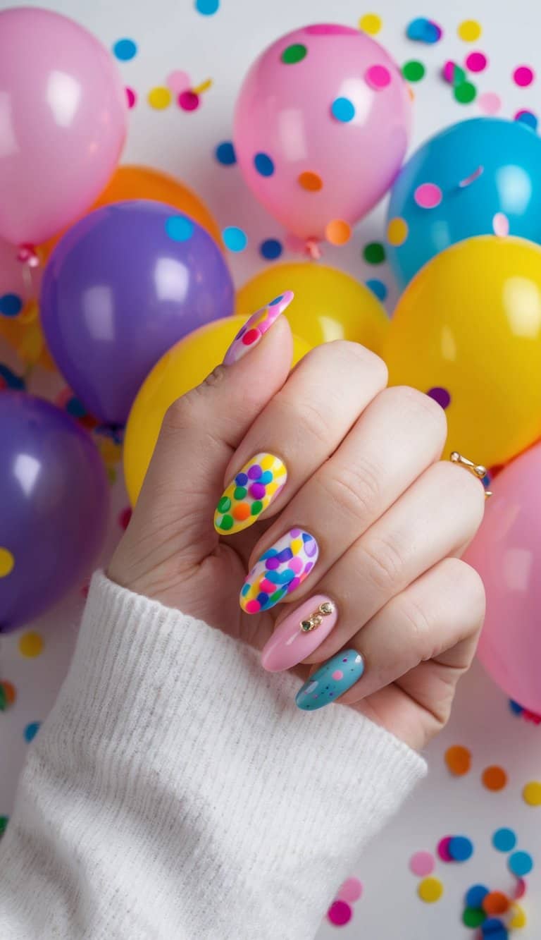Vibrant confetti and balloons surround colorful nail designs