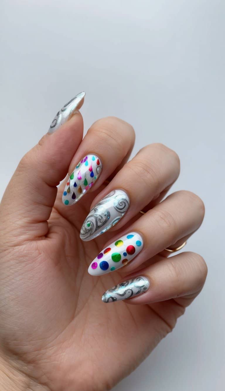 A colorful array of shimmering silver swirls and festive birthday-themed nail art designs