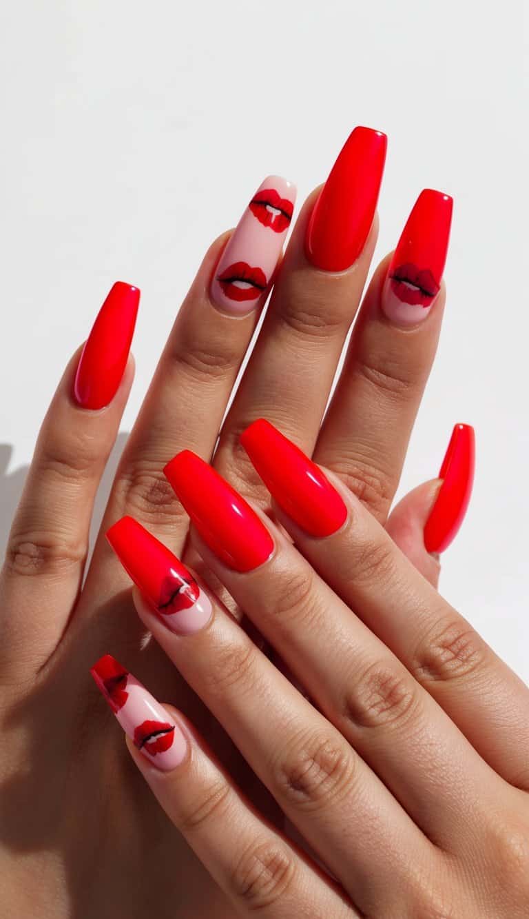 Vibrant red acrylic nails with flirty lip prints, arranged in a stylish and eye-catching display
