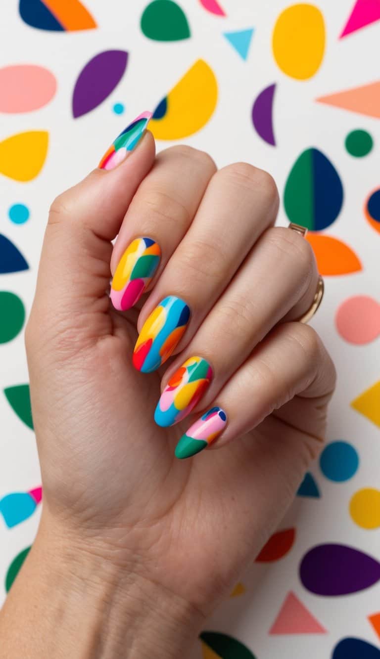 A colorful array of abstract shapes and patterns, with bold and vibrant colors, creating a festive and celebratory atmosphere