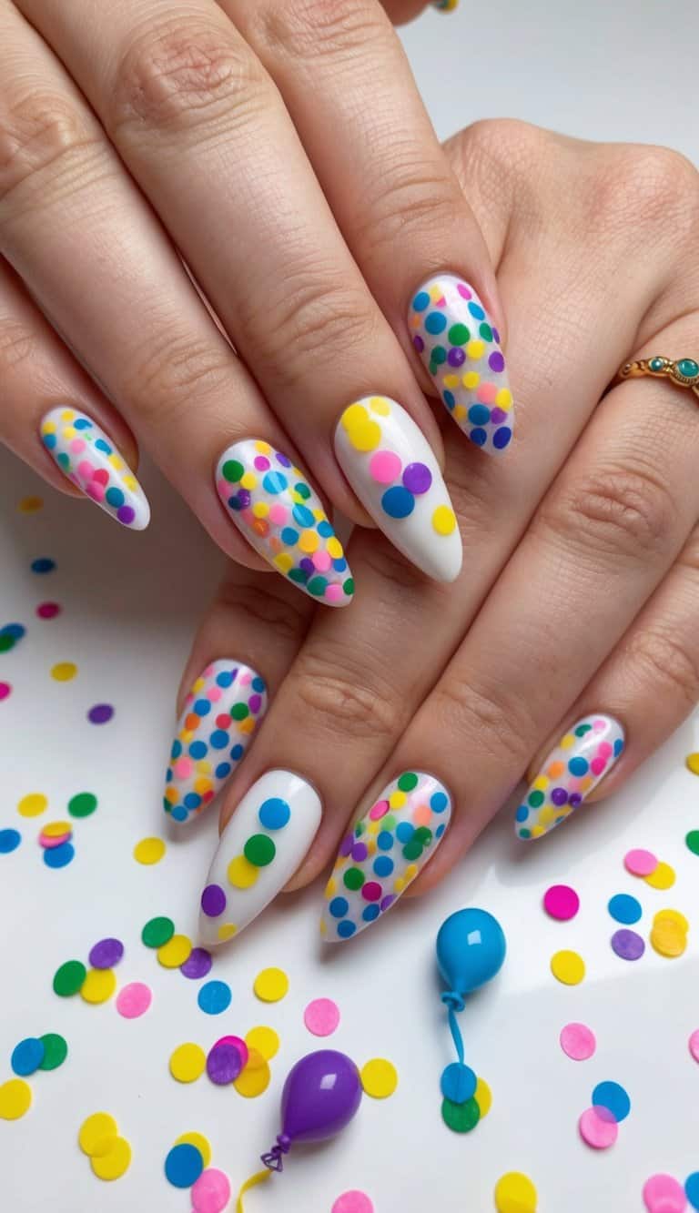 Colorful confetti and balloons scattered across a festive birthday nail art design