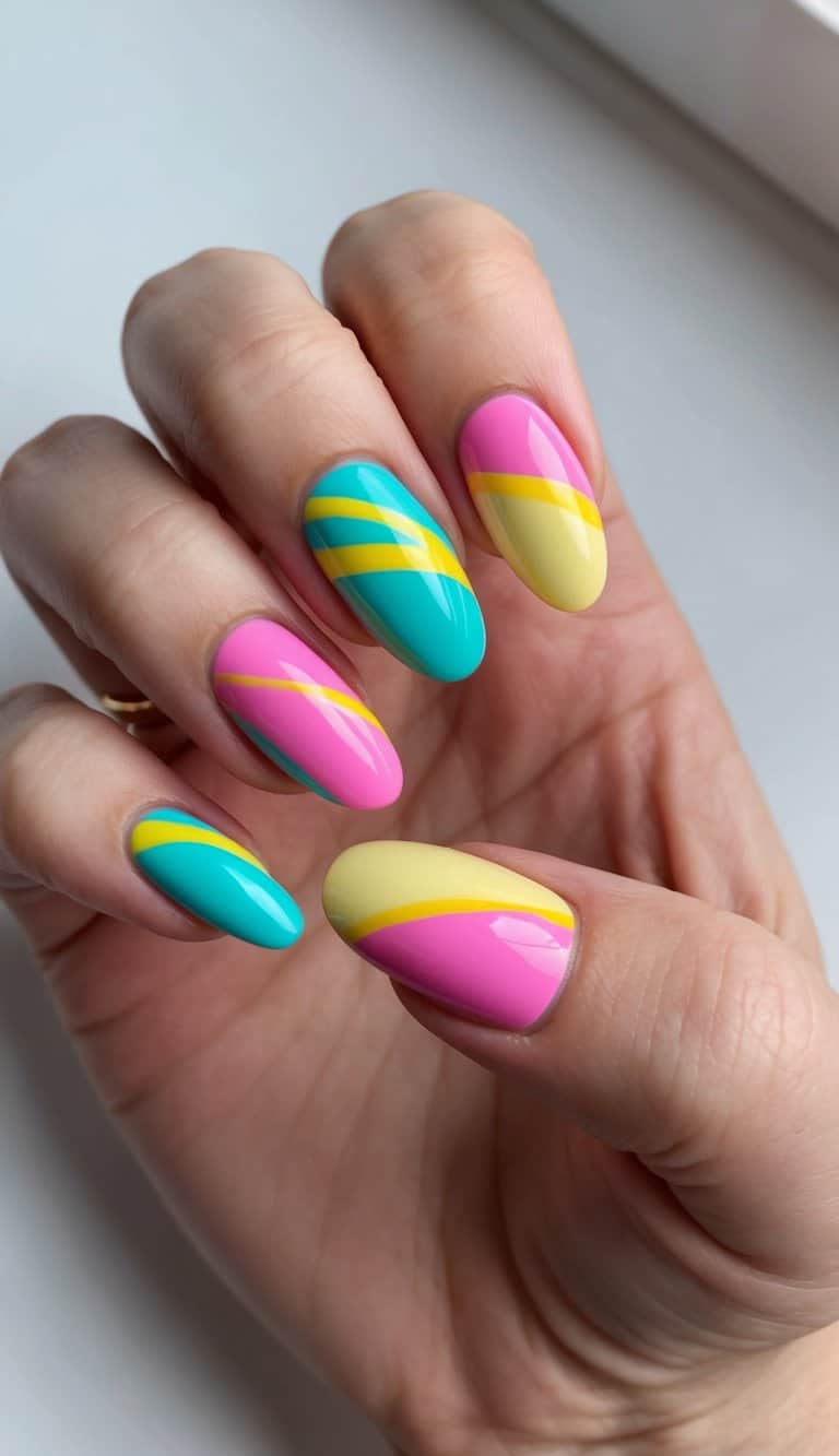 Colorful swirls of bubblegum pink, turquoise, and yellow on a festive birthday-themed nail art design