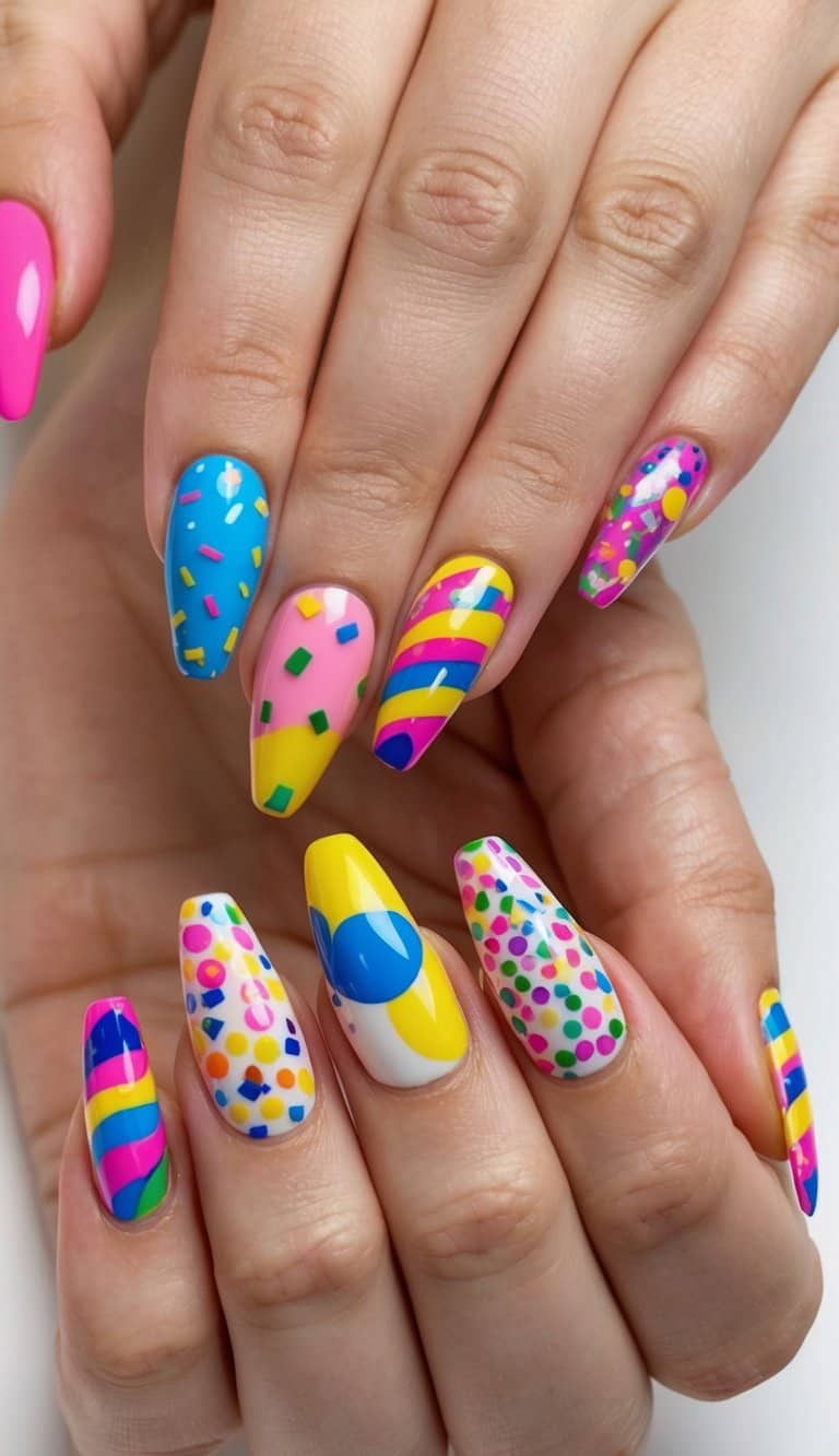 A colorful array of birthday-themed nail art designs, featuring vibrant balloons, confetti, and festive patterns