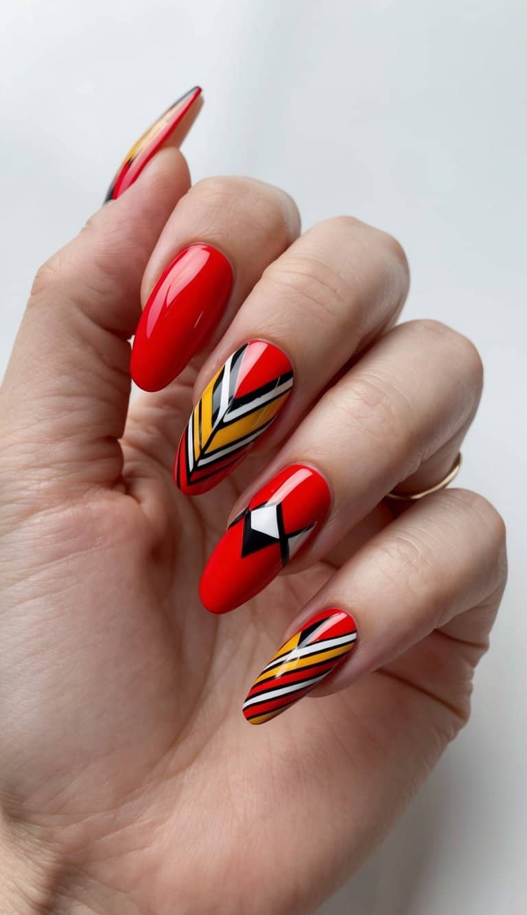 A bold red acrylic nail design with graphic patterns and vibrant colors