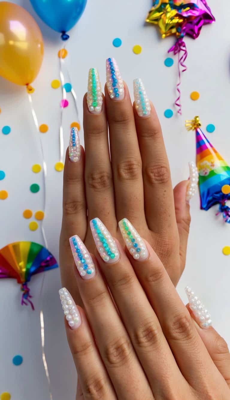 A colorful array of pearly rainbow French tip nail designs on display, with festive birthday-themed elements like confetti, balloons, and glitter