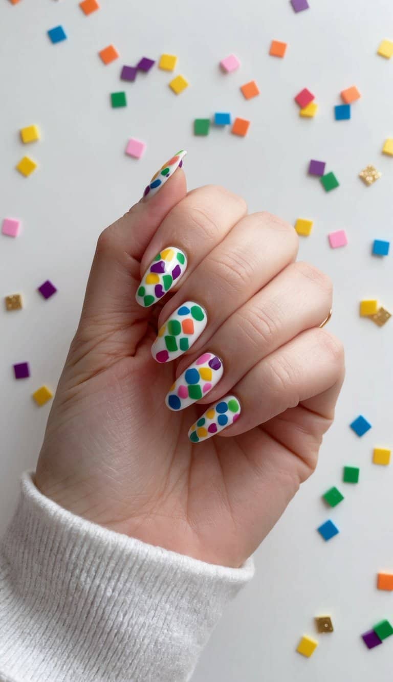 A colorful array of geometric shapes and patterns, reminiscent of confetti and balloons, adorns a set of birthday-themed nails