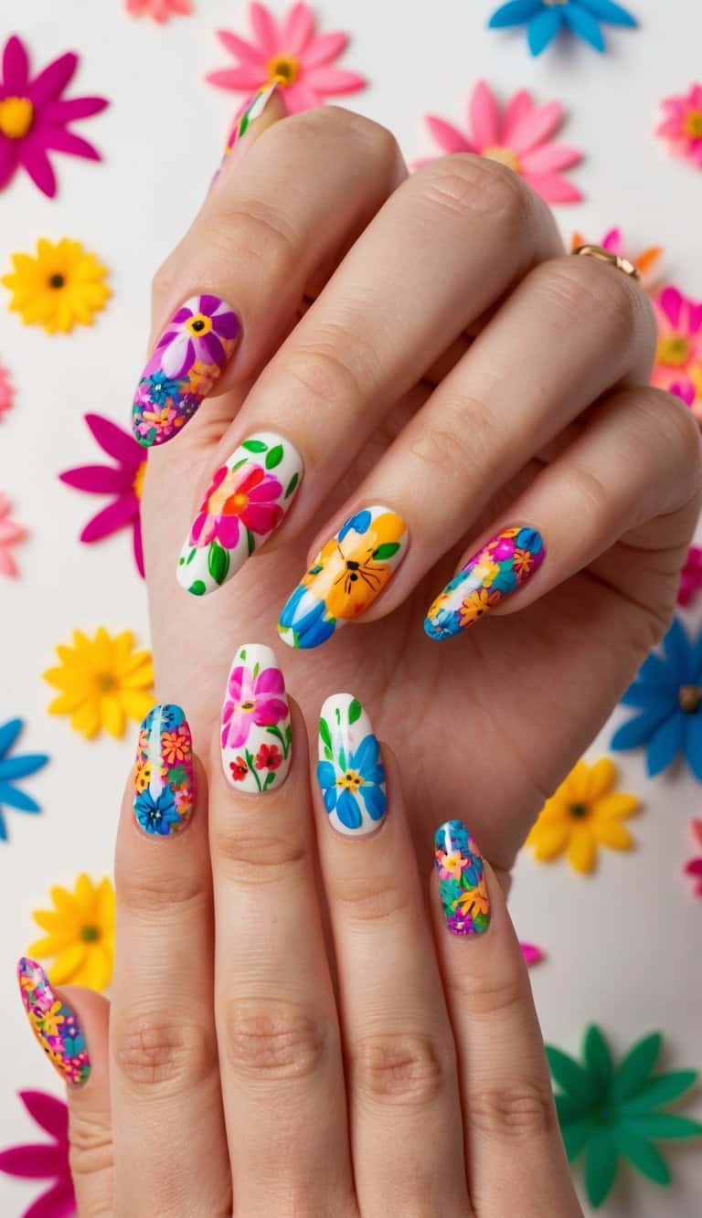 A colorful array of floral-themed nail art designs, featuring vibrant blooms and playful patterns, set against a celebratory backdrop
