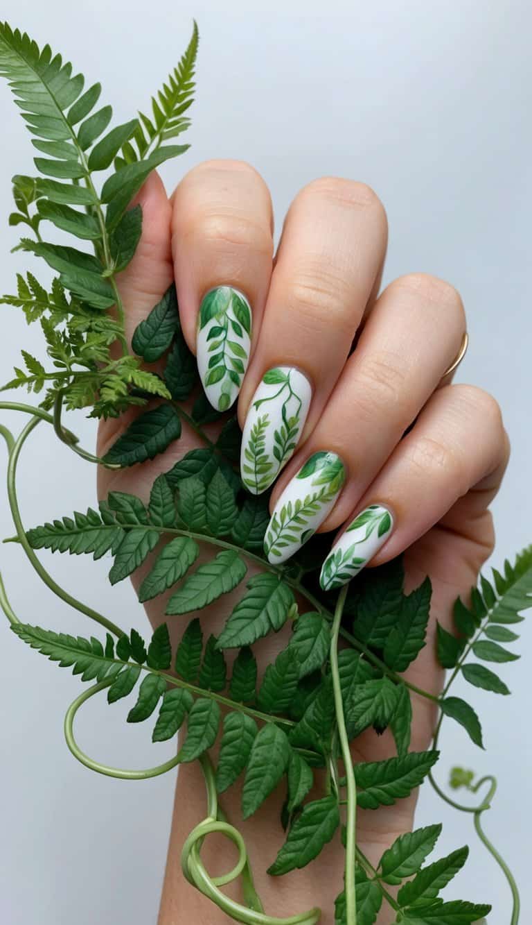 Lush, leafy ferns intertwining with delicate vines, creating a chic forest green nail art design