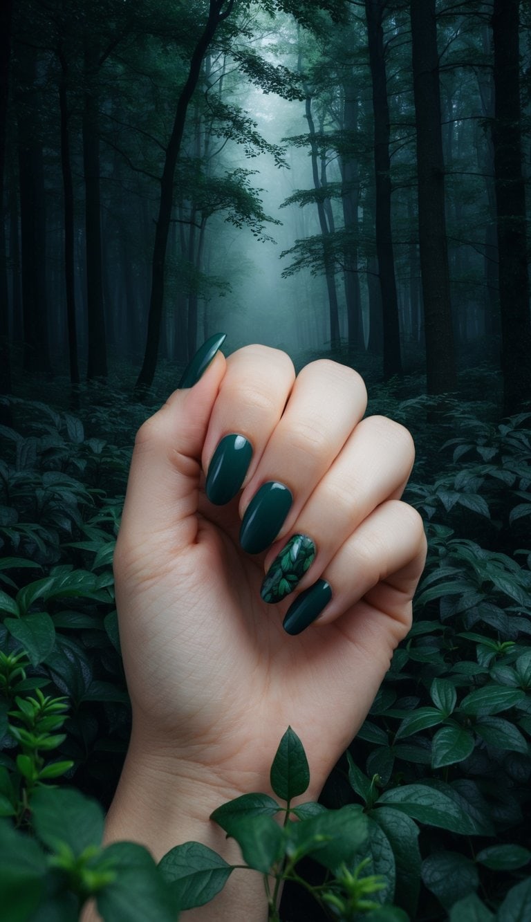 Dark forest green nails paired with a deep leafy accent nail for a subtle yet striking contrast