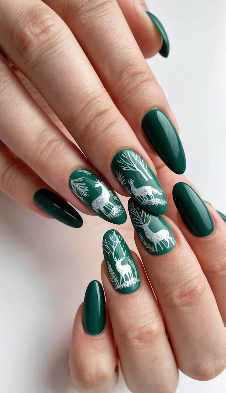 Dark forest green nails with delicate white woodland creature stamping for a charming, nature-inspired look