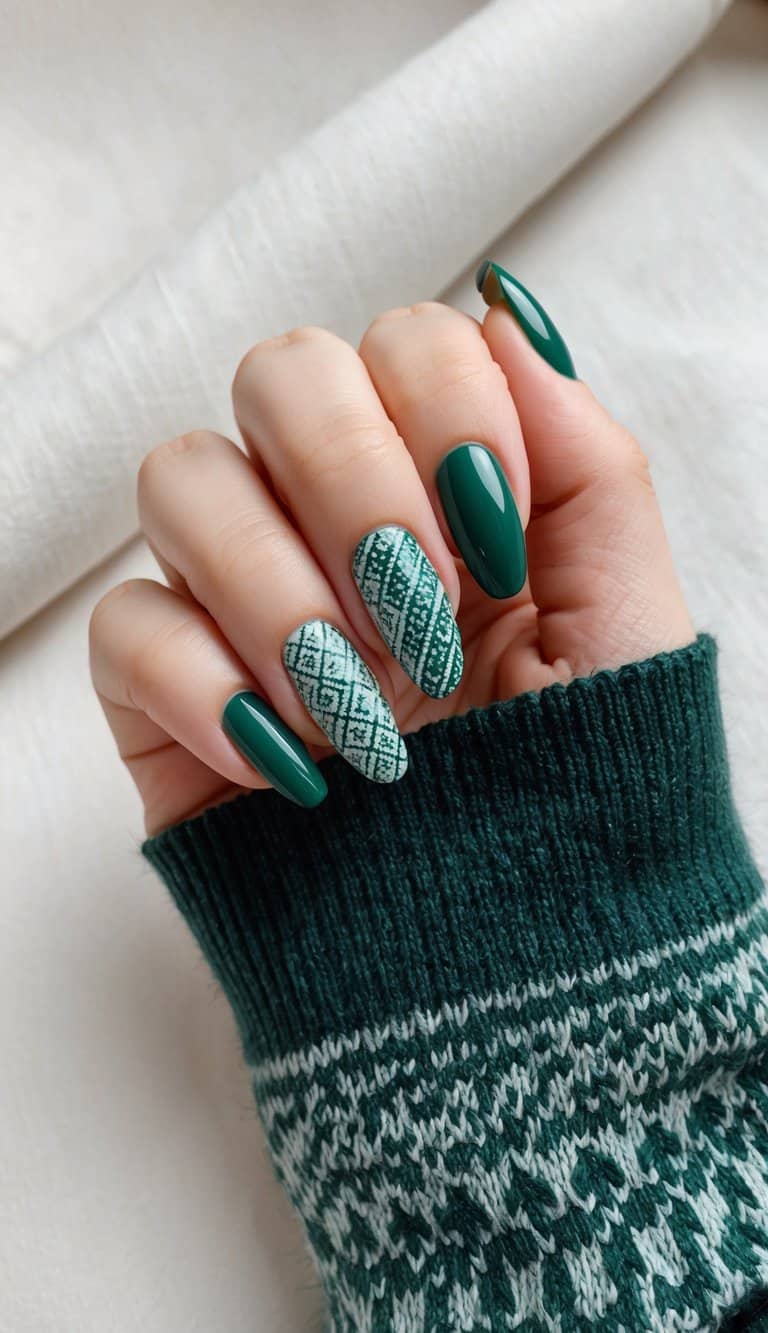 Dark forest green nails featuring sweater pattern accent nails for a textured, winter-ready look