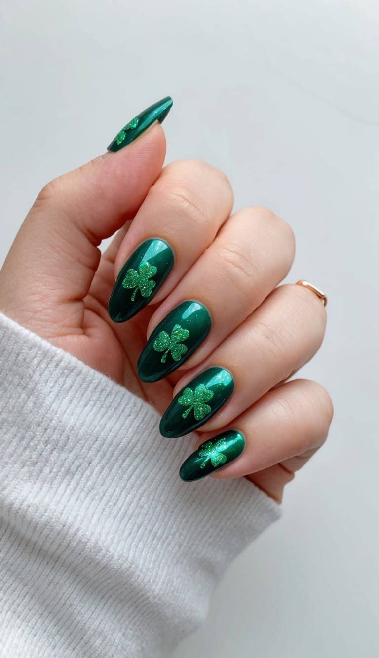 A lucky, nature-inspired look with dark forest green nails featuring glittery shamrock clover accents