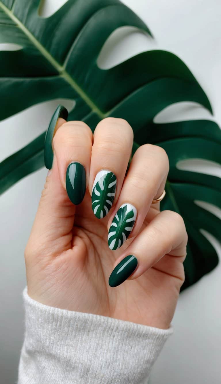 Dark forest green nails featuring stylish monstera leaf accent designs for a bold, tropical touch
