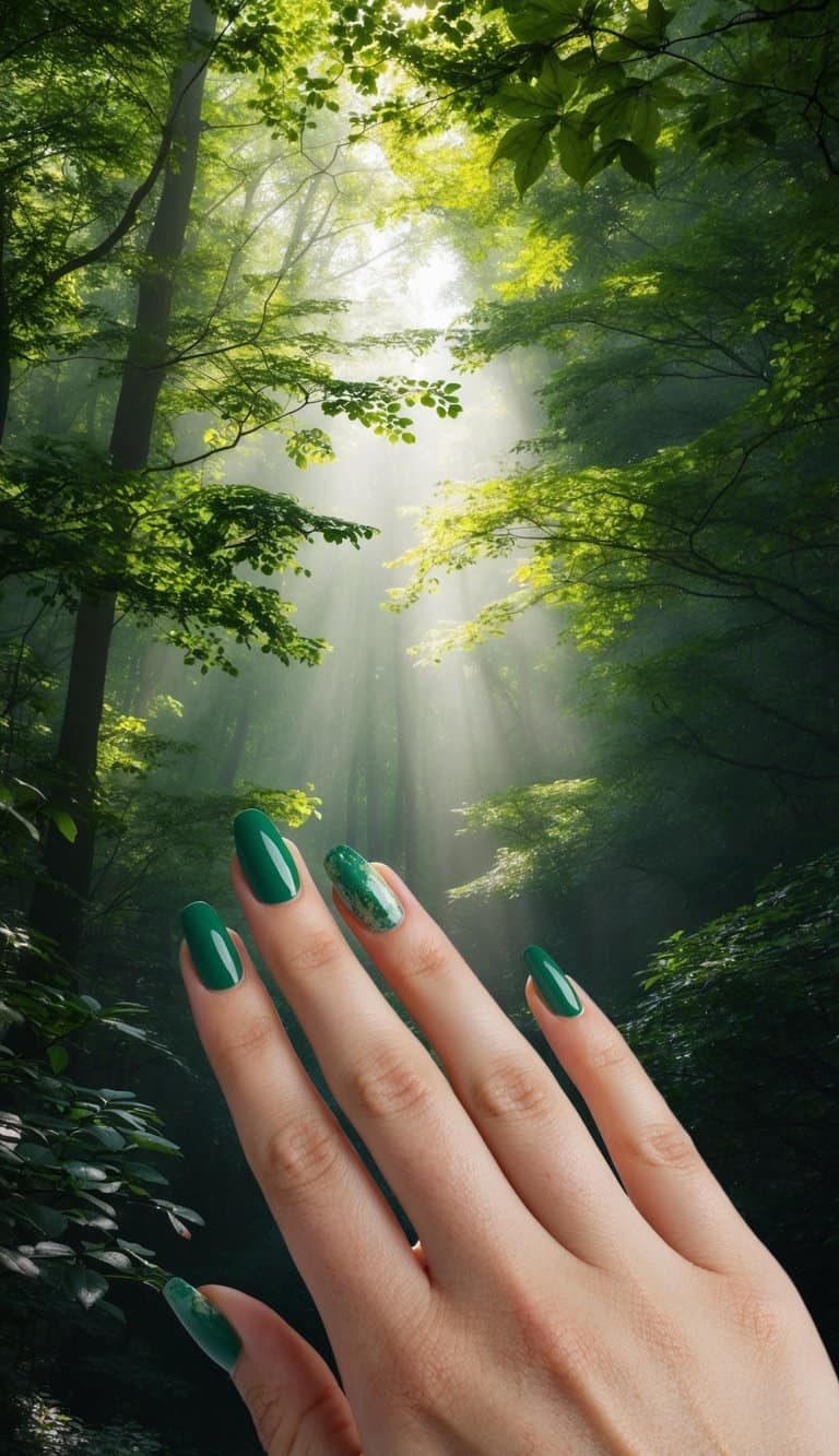 A serene, nature-inspired manicure with dark forest green nails paired with a tree canopy accent nail for a lush, woodland effect