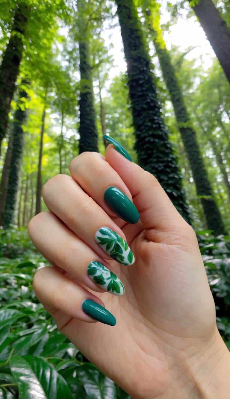 Dark forest green nails with delicate leaf accent designs for a chic, nature-inspired manicure
