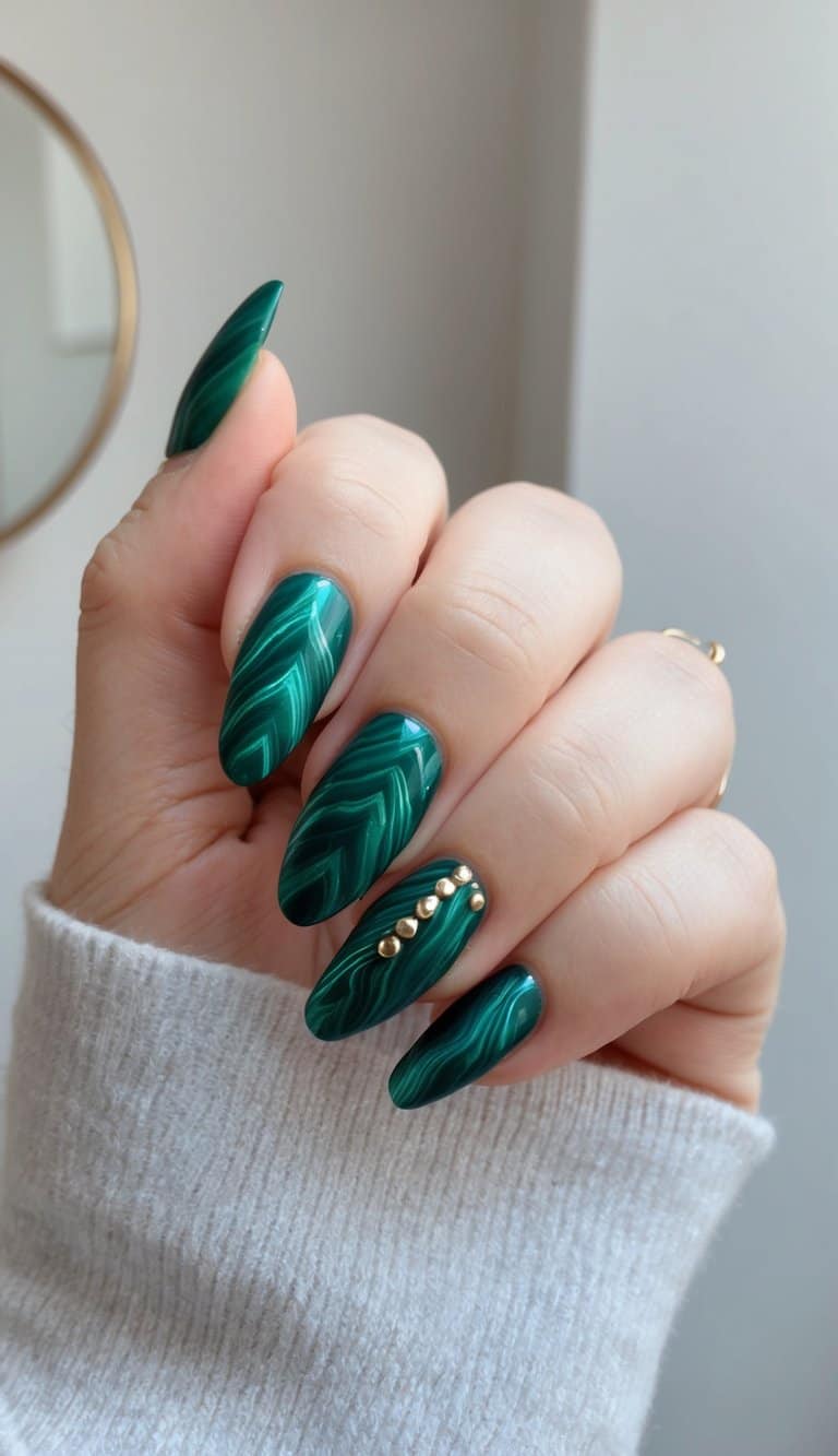 A forest green nail art design with an emerald ripple pattern, set against a chic and stylish background