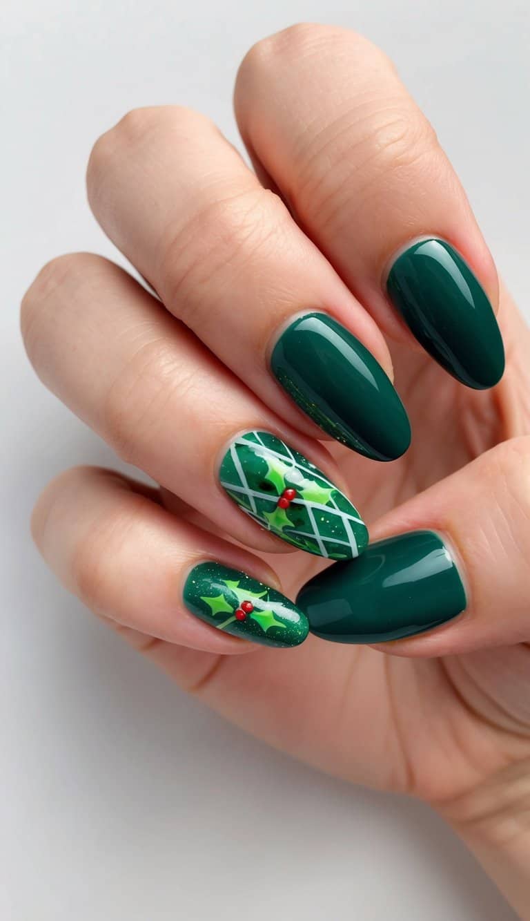 Dark forest green nails with holly green accent nails featuring intricate holly designs