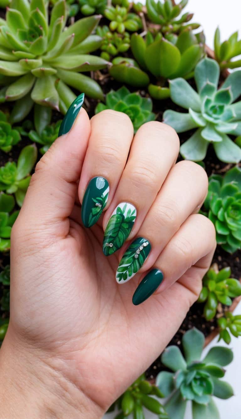 Deep forest green nails paired with subtle forest green leaf accent nails