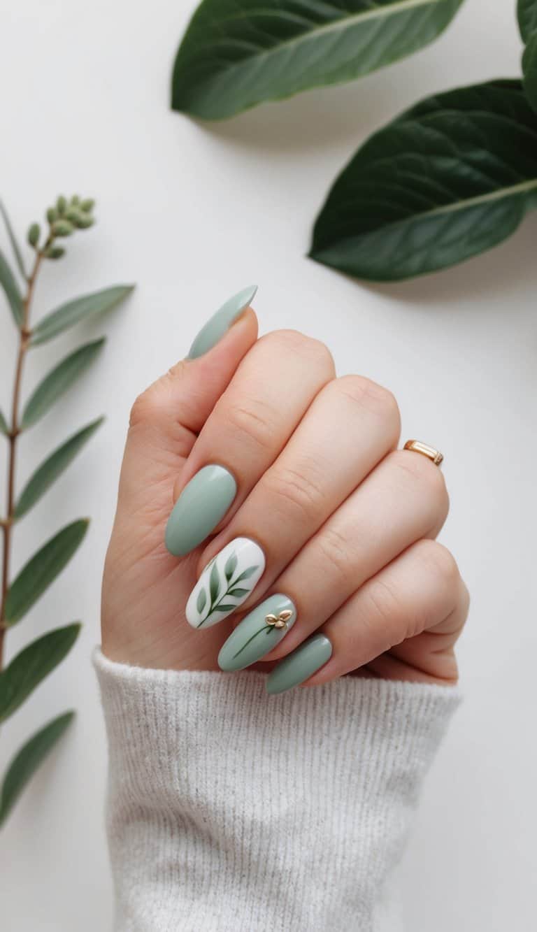 Soft sage green nail art designs displayed on a clean, minimalistic background with natural elements such as leaves or plants for a refreshing and serene vibe