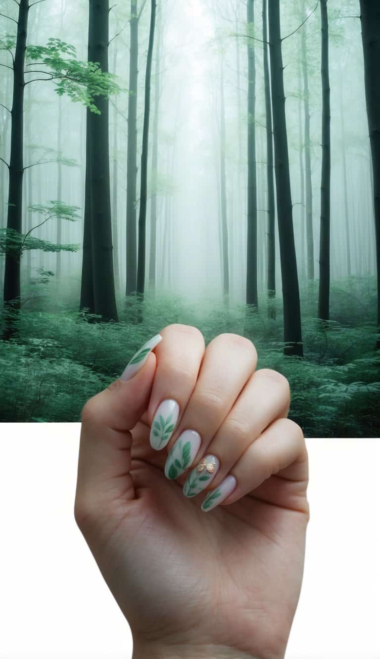 An elegant, nature-inspired look with glass-like white nails adorned with delicate forest green leaf designs