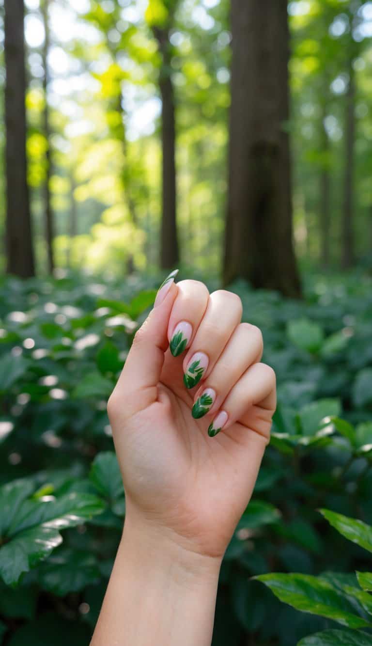 Light nude nails featuring forest green leaf tips for a natural, earthy vibe