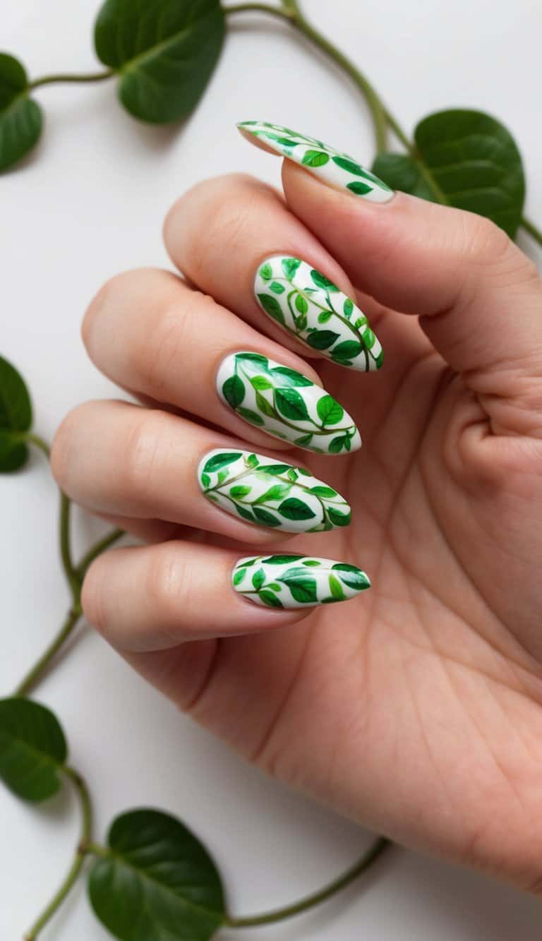A botanical touch to white nails with intricate forest green vines and leaves