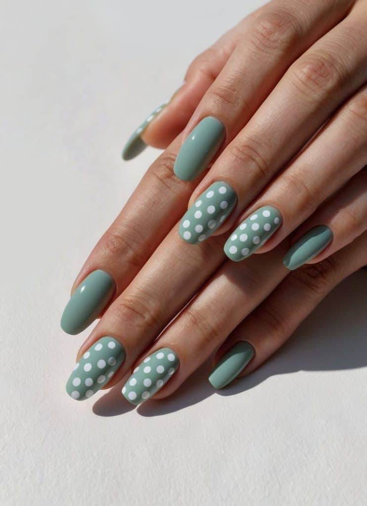 Sage green nail art designs with white polka dots, displayed on a clean, minimalist background