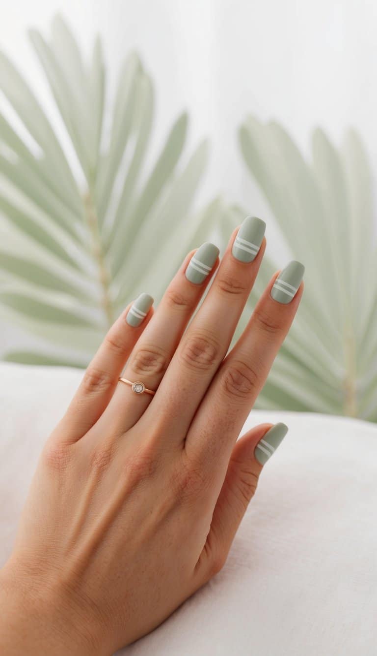 A set of sage green nails with minimalist whitestripes, against a soft, refreshing background