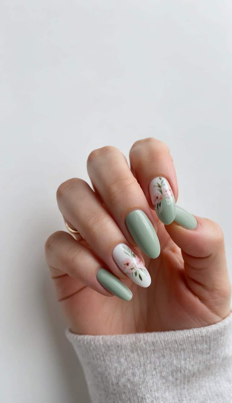 Soft sage green nail polish with delicate floral accents on a clean, minimalist background
