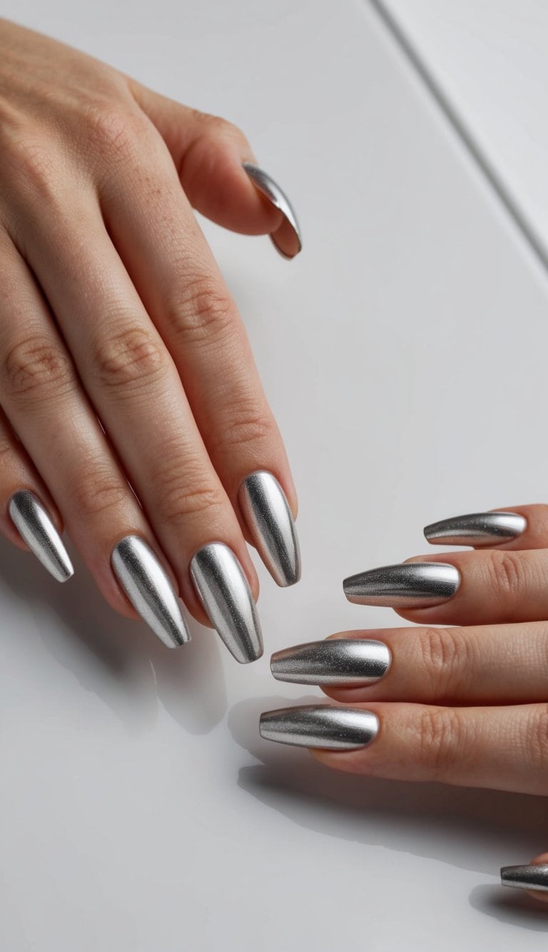 A hand model displays metallic French tip prom nail art designs on a sleek, modern background