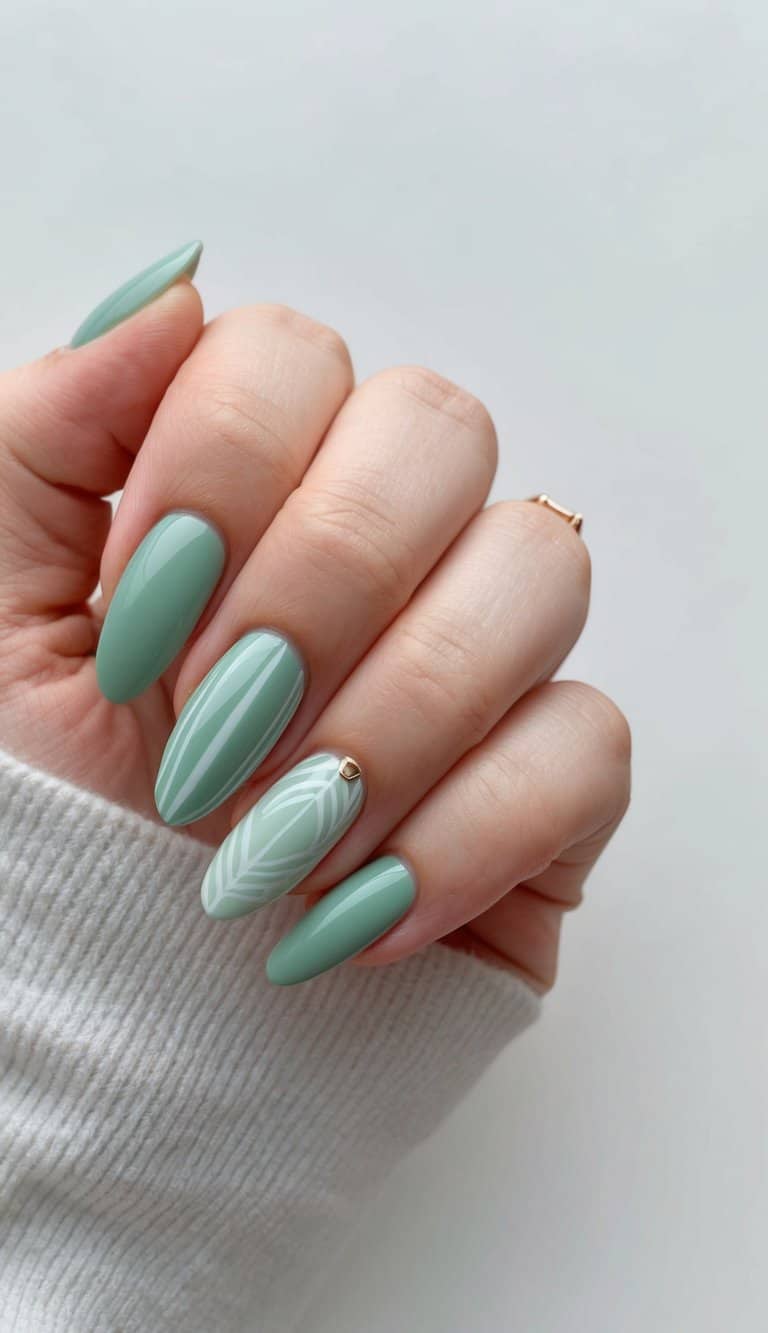 A serene scene of sage green nail art designs on a clean, minimalist background
