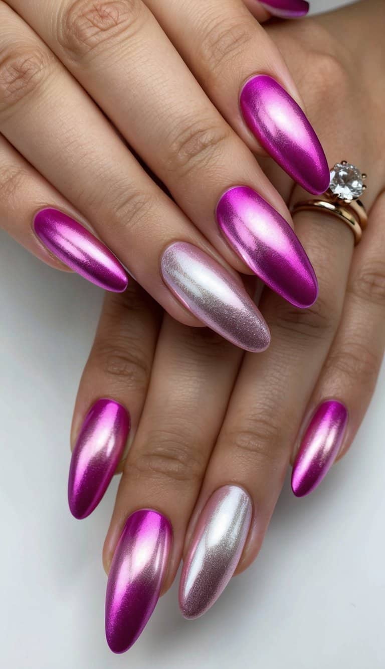 Shimmering pink ombre nails with metallic finishes, arranged in a gradient pattern