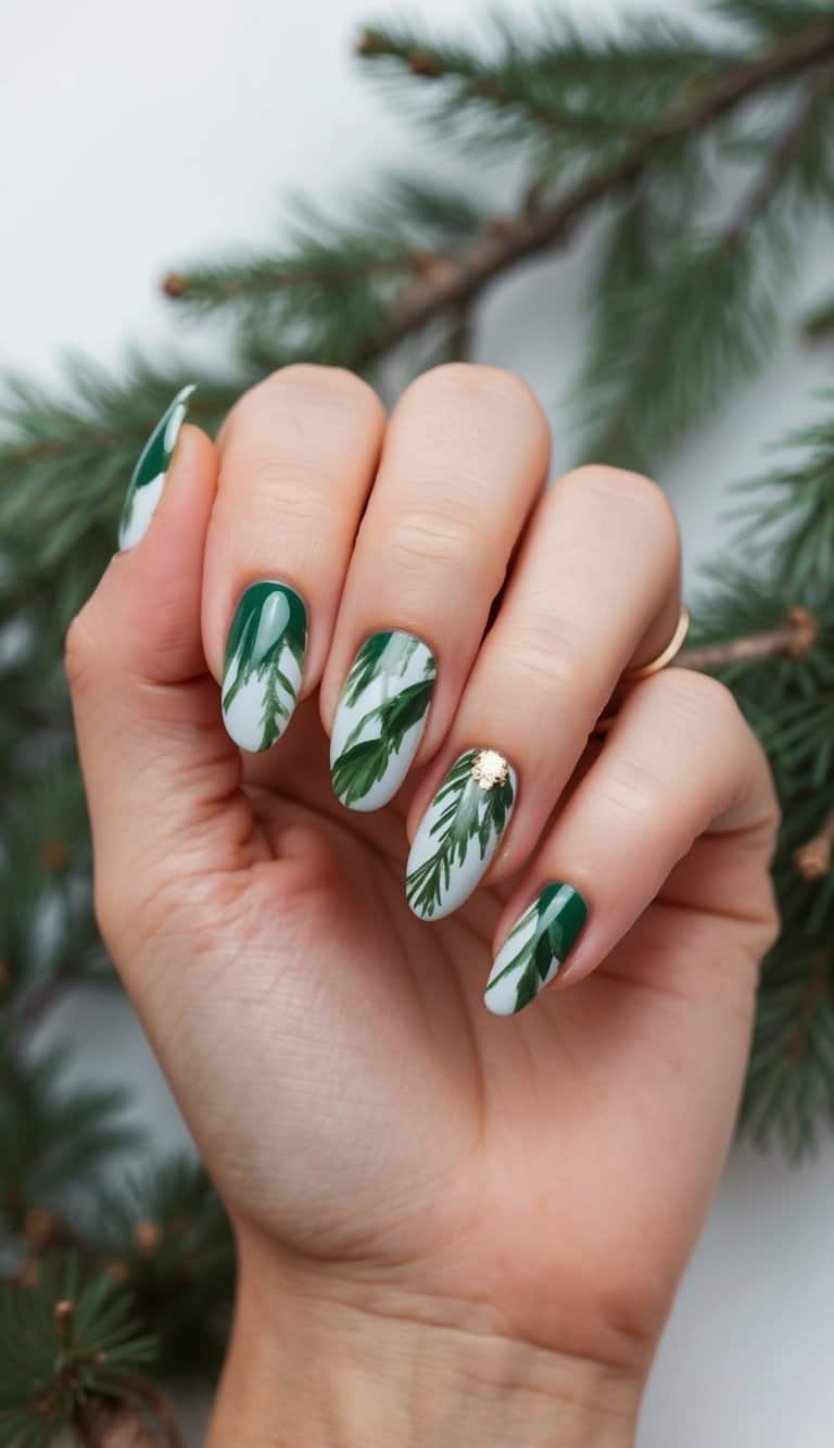 A crisp and natural look with white nails featuring dark forest pine needle designs for a subtle, woodland-inspired touch