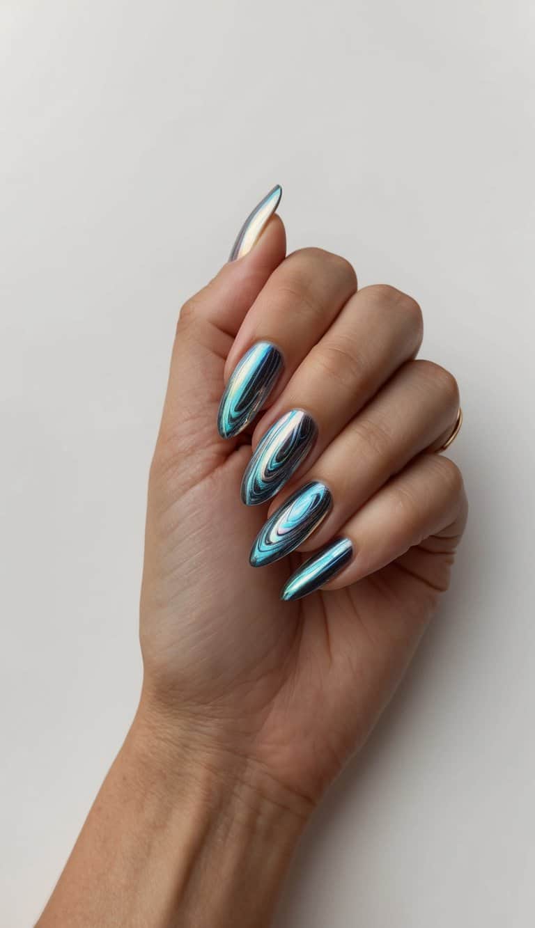 Shimmering metallic nail polish swirls in abstract patterns on a blank canvas