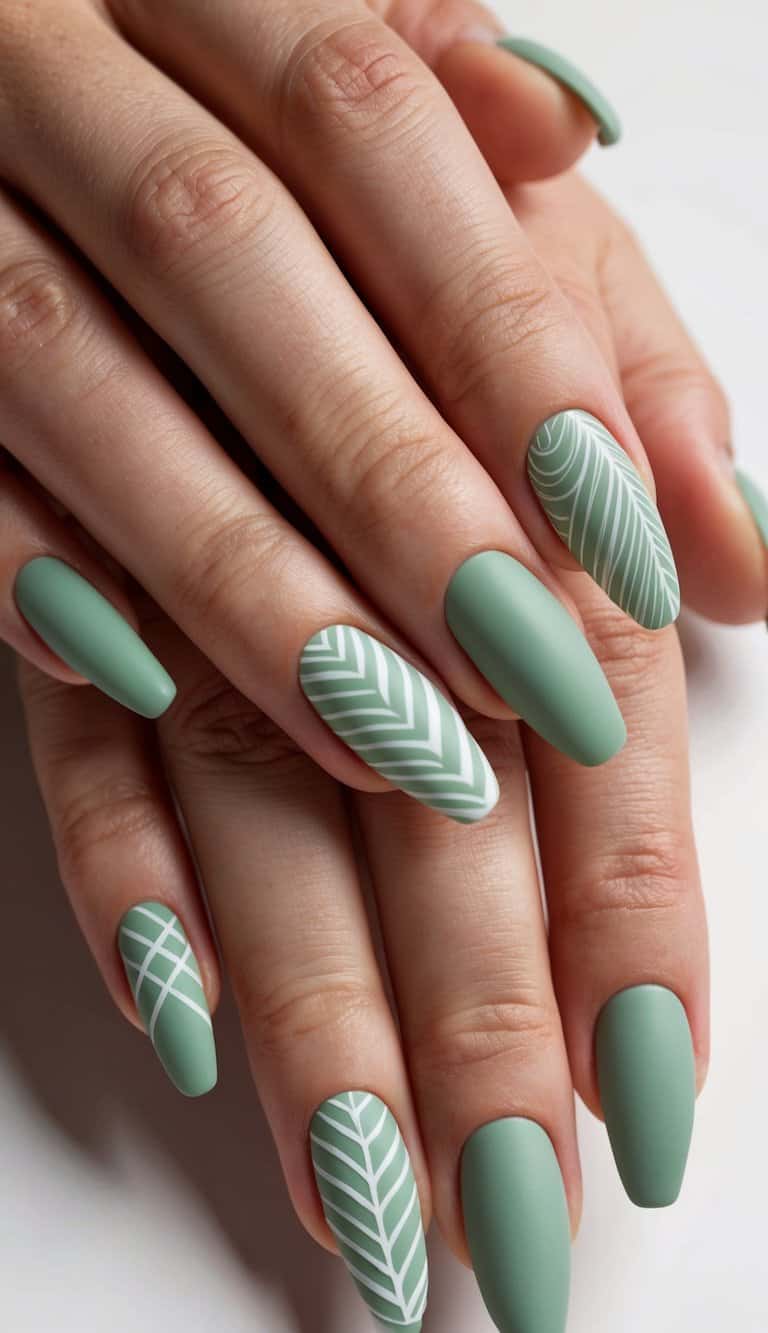 A collection of 50 sage green nail art designs with a matte finish, featuring soft and refreshing patterns and designs