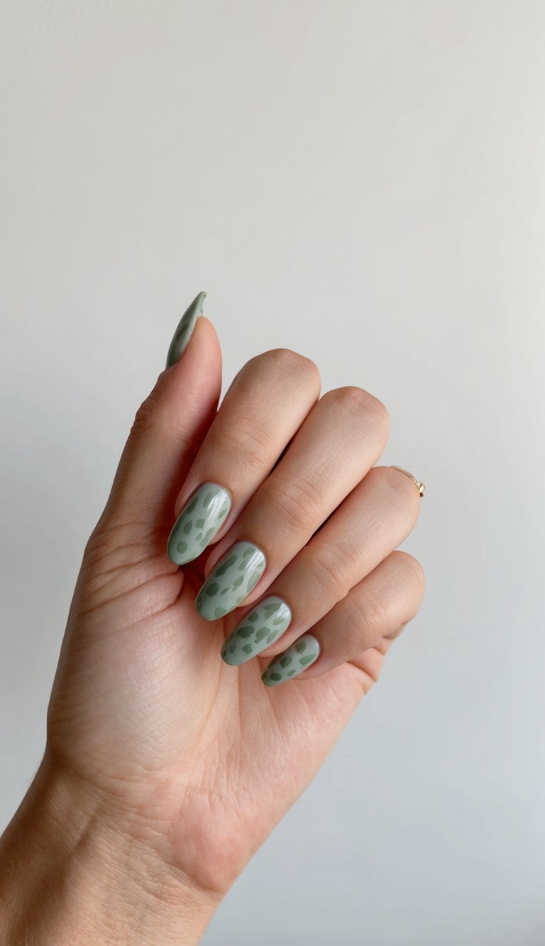 Soft sage green leopard print nail art on a clean, minimalistic background