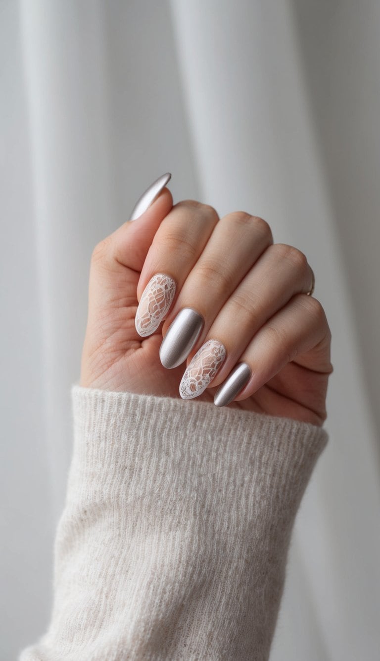 A hand with metallic-finished nails adorned with delicate lace nail art, set against a soft, elegant background