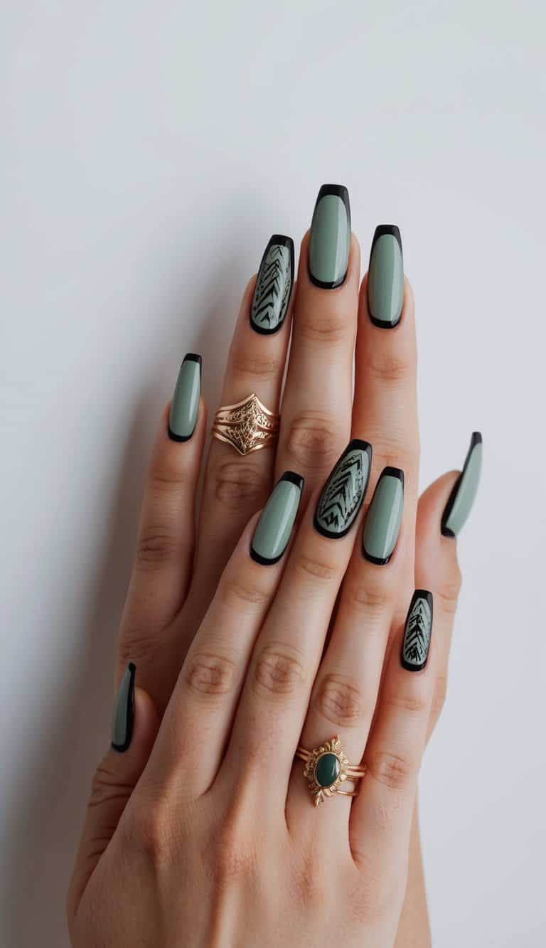 Sage green nails with black borders arranged in various intricate designs on a clean, white background