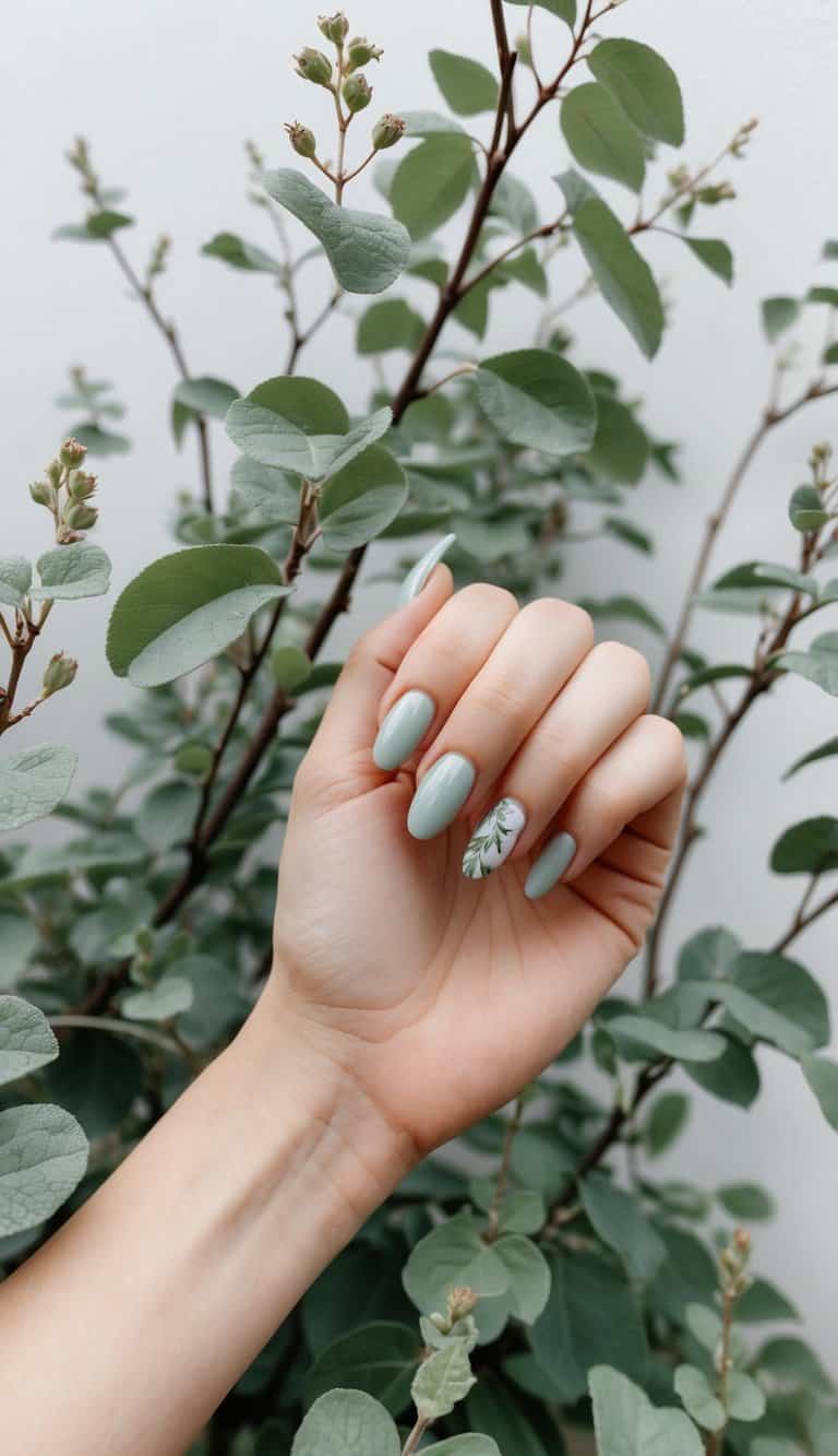 A serene garden with sage green foliage, featuring delicate leaves and branches, surrounded by a tranquil atmosphere