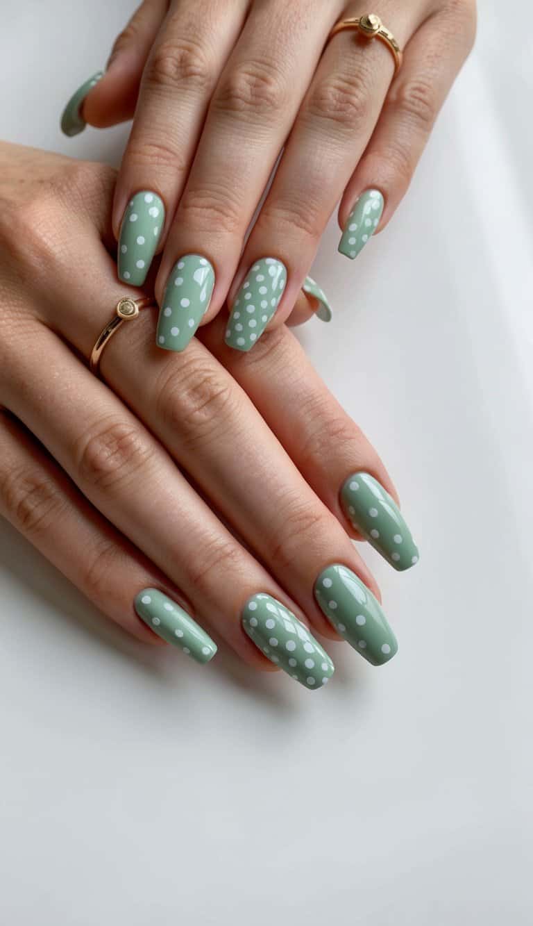 A collection of sage green polka dot nail art designs on a clean, minimalist background