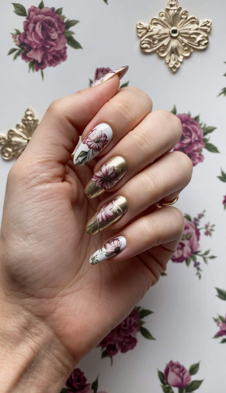 A vintage floral nail art design with metallic finishes on a prom-themed background