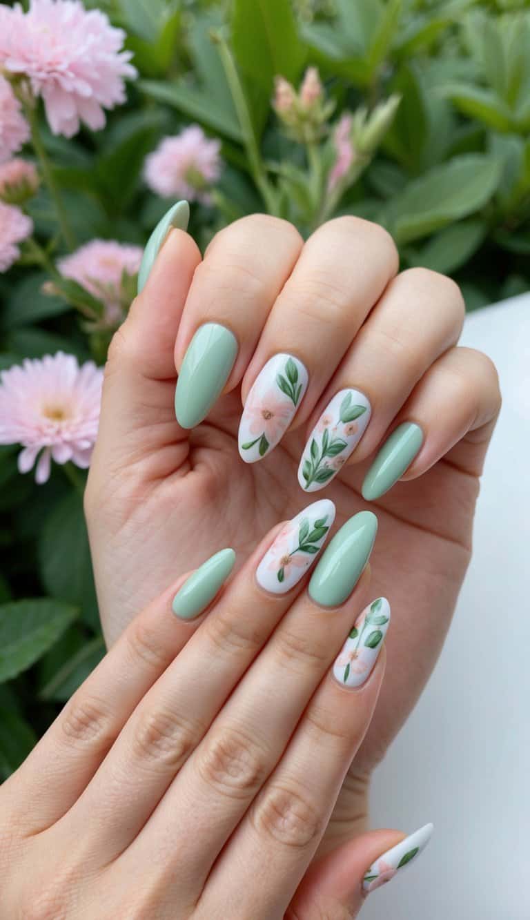 A serene garden with pastel flowers and sage green nail art designs on display
