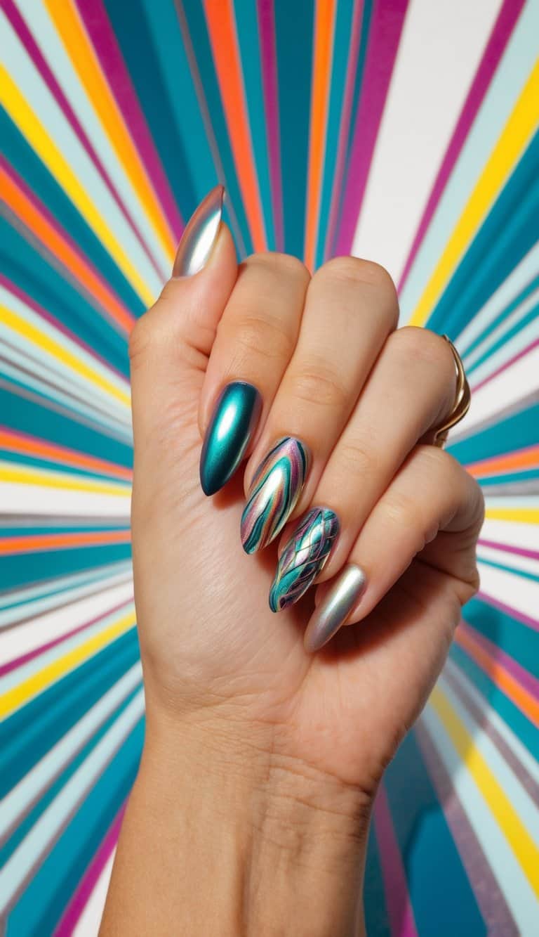 Shimmering metallic nail designs on a retro-themed background with vibrant, swirling waves