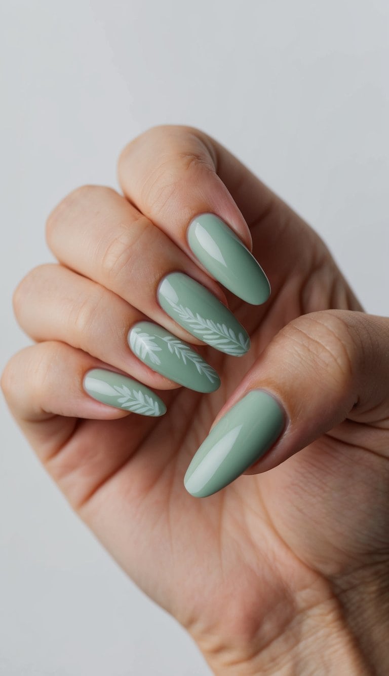 A serene scene of sage green nail art designs on display