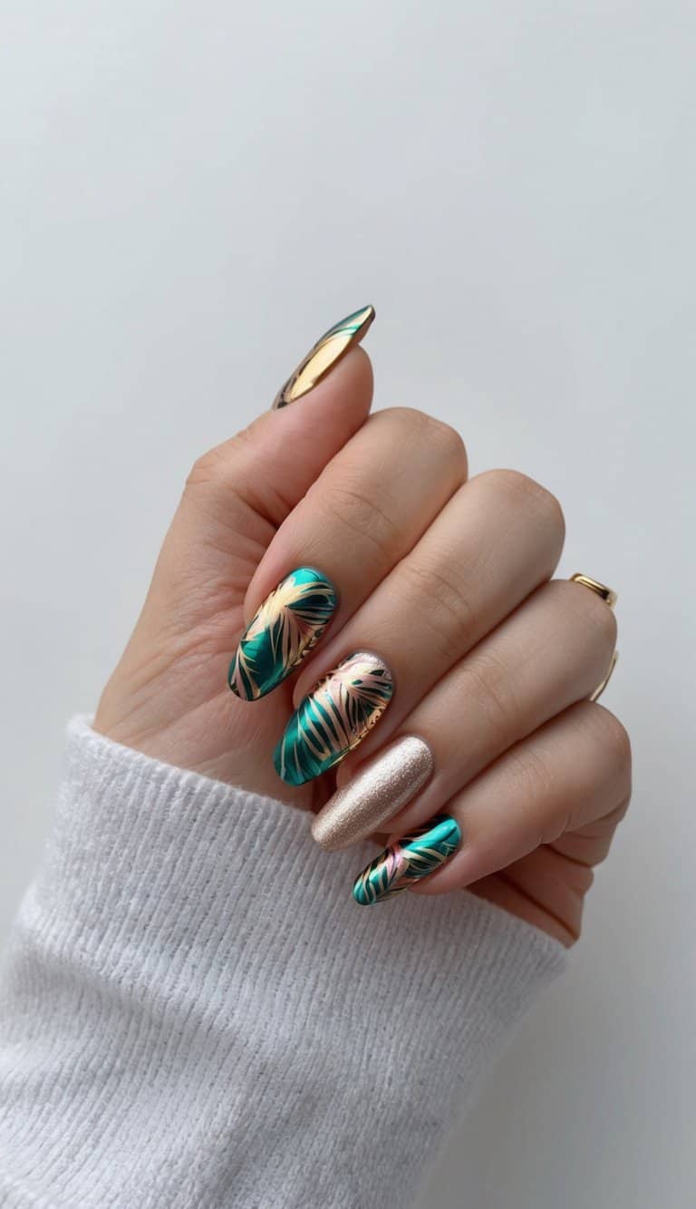 A tropical-themed nail art design with metallic finishes, featuring vibrant colors and exotic patterns, evoking a sense of luxury and relaxation