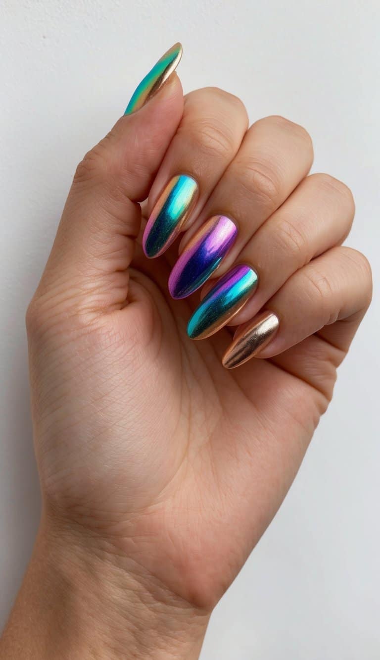 A colorful swirl of metallic nail art designs on display