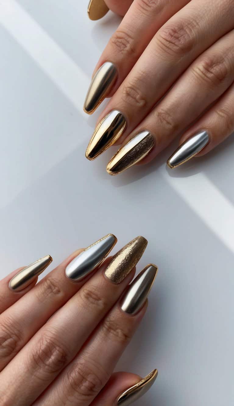 A collection of metallic nail art designs with gilded edges displayed on a sleek surface