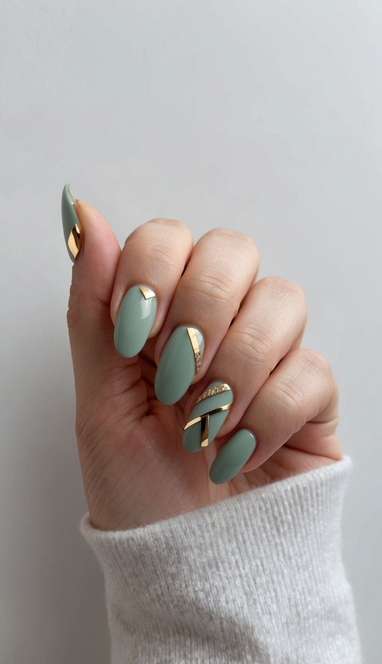 Soft sage green nails with gold accents and geometric shapes on a clean, minimalistic background