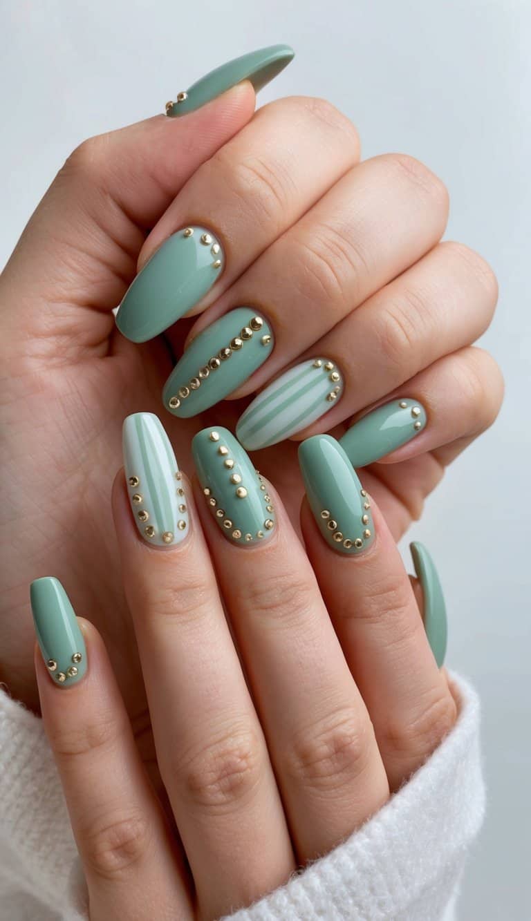 A collection of sage green nail art designs with studded accent nails, showcasing soft and refreshing patterns